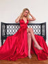 A Line V Neck High Leg Slit Red Prom Dresses LBQ1061